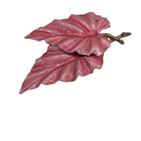 Vintage Two Leaf Leaves Pink Goldtone Brooch Pin - Picture 5 of 5
